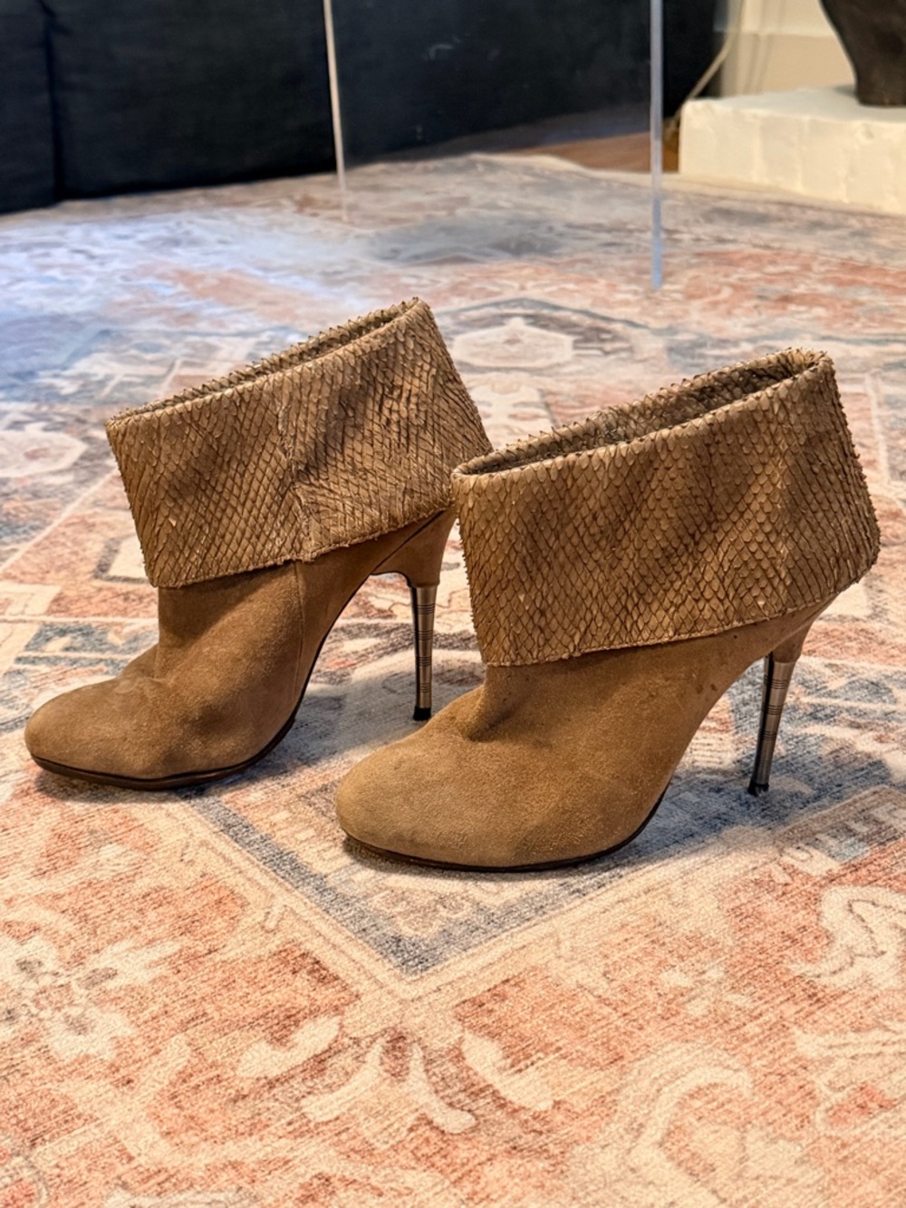 Elizabeth and James Taupe Suede Heeled Booties